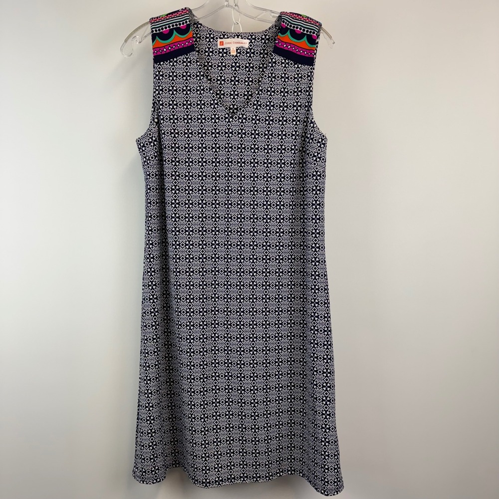Jude Connally Womens Jude Cloth V-Neck Shift Dress Navy White Geometric Print M